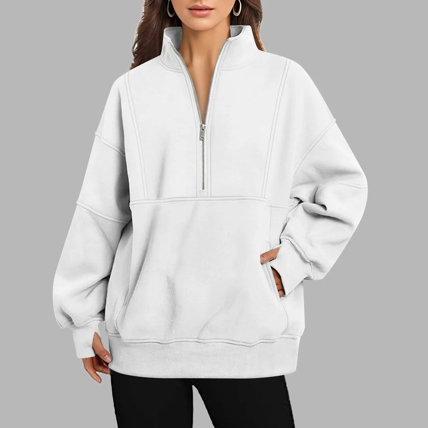 Black OVersize Loose Casual Women Sweatshirts 2024 Spring Autumn Fashion Long Sleeve Half Zipper Stand Collar Sportwear Pullover