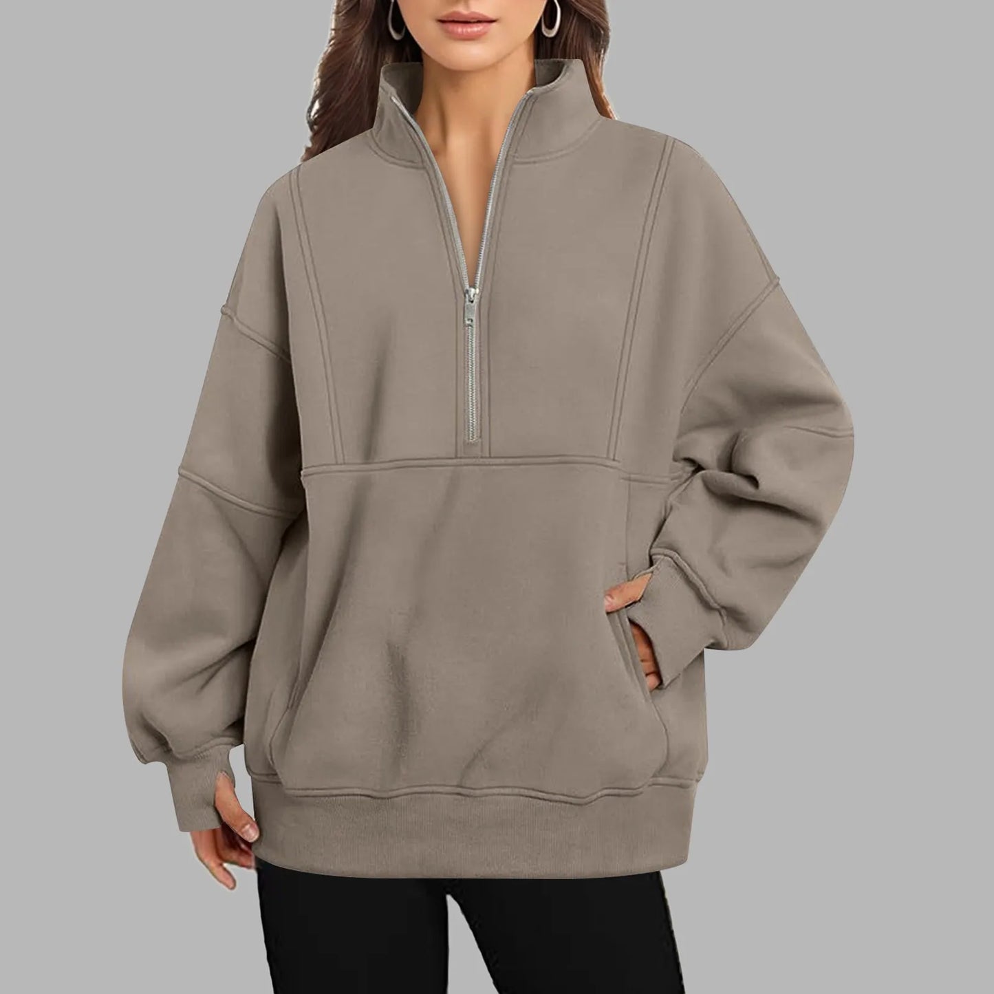 Black OVersize Loose Casual Women Sweatshirts 2024 Spring Autumn Fashion Long Sleeve Half Zipper Stand Collar Sportwear Pullover