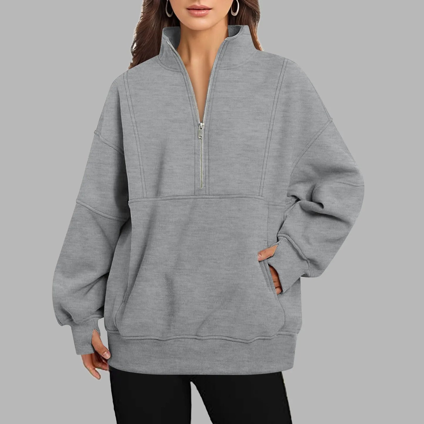 Black OVersize Loose Casual Women Sweatshirts 2024 Spring Autumn Fashion Long Sleeve Half Zipper Stand Collar Sportwear Pullover