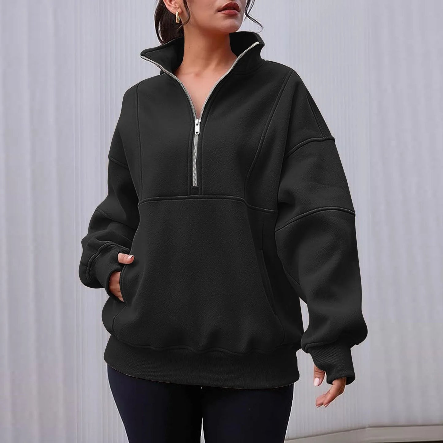 Black OVersize Loose Casual Women Sweatshirts 2024 Spring Autumn Fashion Long Sleeve Half Zipper Stand Collar Sportwear Pullover