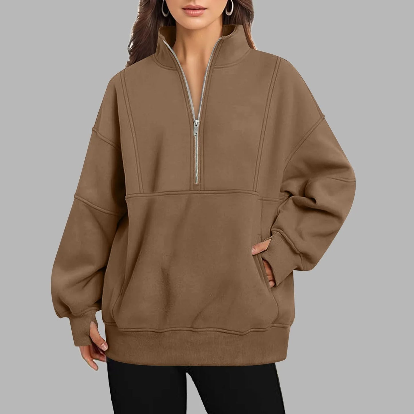 Black OVersize Loose Casual Women Sweatshirts 2024 Spring Autumn Fashion Long Sleeve Half Zipper Stand Collar Sportwear Pullover